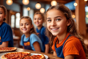 Girl eating pizza at cafe, unhealthy food, blue t-shirt. Generative Ai. - obrazy, fototapety, plakaty