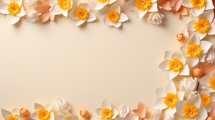  a white and yellow background with paper flowers on the corner.  generative ai