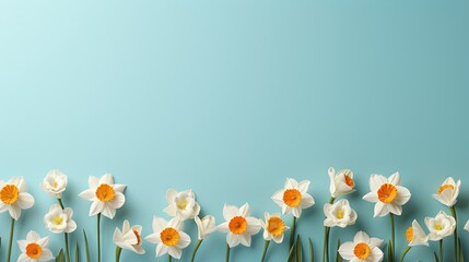  a row of white and orange flowers on a blue background.  generative ai