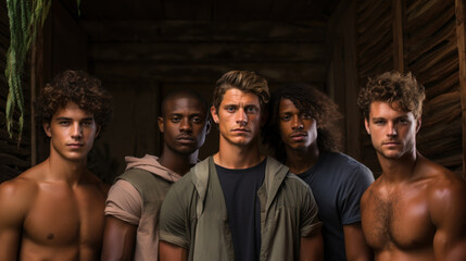 Group of young men with muscular body standing together in a dark room. - Powered by Adobe