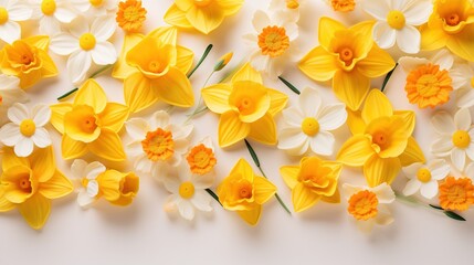  a bunch of yellow and white flowers on a white surface.  generative ai