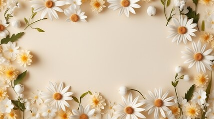 Fototapeta na wymiar a white and yellow flower border with daisies on a beige background. generative ai