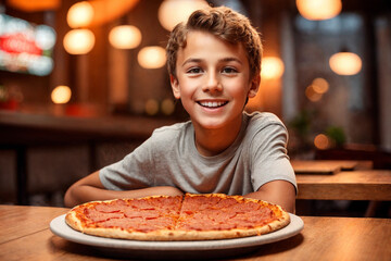 The teenager is eating pizza in restaurant or pizzeria. Generative Ai.