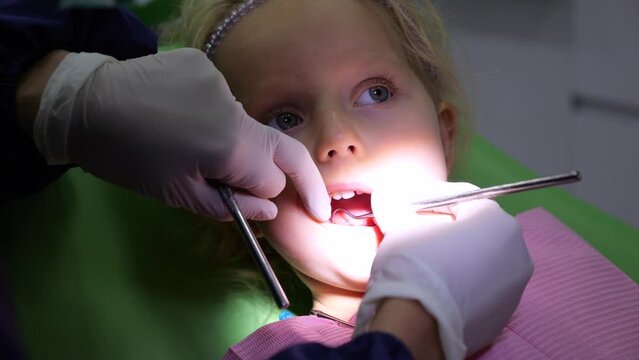 Close-up of 6 year old european kid sitting with her mouth open in dental chair having her teeth examined by pediatric kids dentist at dental clinic. Concept visit kids dental clinic to check teeth