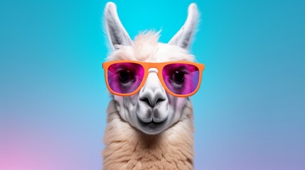 Creative animal concept. Llama in sunglass shade glasses isolated on solid pastel background, commercial, editorial advertisement, surreal surrealism  - obrazy, fototapety, plakaty