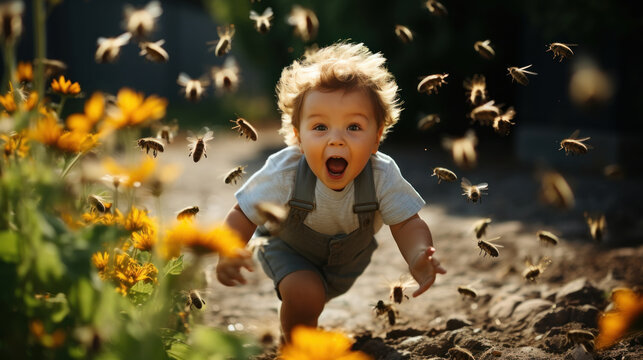 Little boy runs away from a swarm of bees. Emotional child affraid bee. Insect phobia