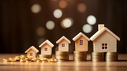 Evocative image displaying wooden house models atop ascending stacks of gold coins, symbolizing property investment, home value appreciation, and real estate growth against a bokeh backdrop.