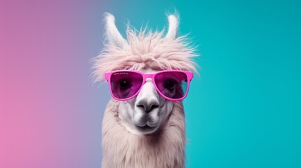 Creative animal concept. Llama in sunglass shade glasses isolated on solid pastel background,...