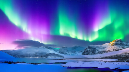 Panorama of the northern lights over snowcapped mountains © Raidfr2