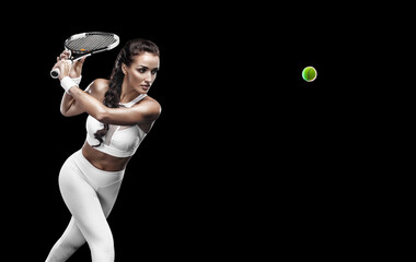 Tennis player with racket on tournament. Girl athlete with tenis racket on court with neon colors. Sport concept. Download a high quality photo for design of a sports app or tour events. - obrazy, fototapety, plakaty