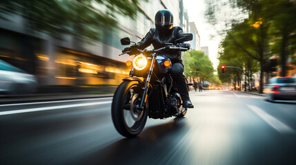 Obraz na płótnie Canvas Custom motorbike biker rider on blurred city street