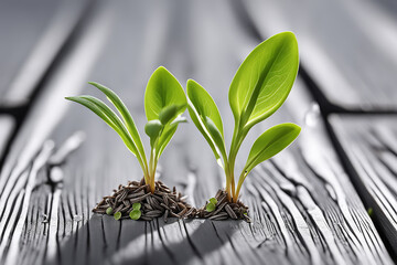Tiny sprouting seedlings poking up between shattered deck boards - Generative AI