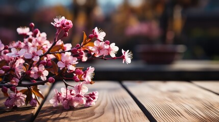 Empty wooden table in Sakura flower Park with garden bokeh background.