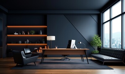 Elegant Office with Black Walls and White Ceiling, Featuring Wooden Floor