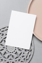 Blank wedding invitation or greeting card mockup, top view with copy space