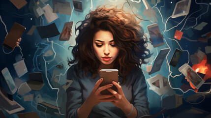 Woman surrounded by social media icons. Big data social media, screens, photos, videos - obrazy, fototapety, plakaty