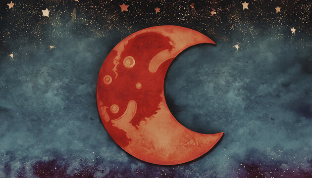 illustrazione con spicchio di una luna rossa con cielo notturno stellato