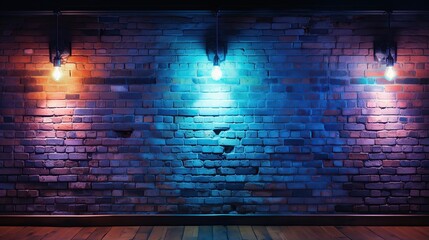 Blue neon light on brick walls as background and texture. Empty brick wall.