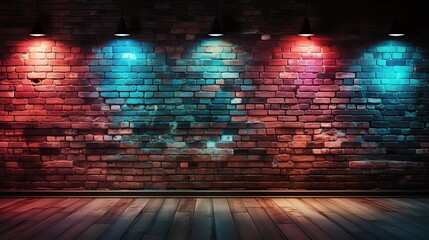 Red and blue neon light on brick wall. Brick wall background. Lighting effect red and blue on empty brick wall background.