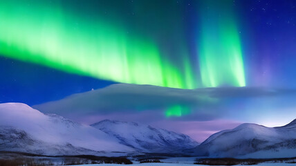 Panorama of the northern lights over snowcapped mountains
