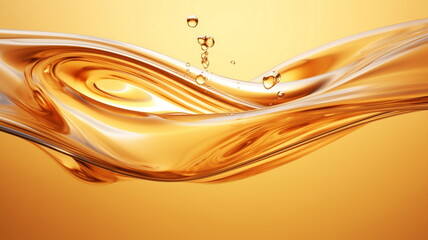 Splashes and drops of liquid oil. Fresh Olive or motor engine oil eco nature golden color close-up. Shine yellow Cosmetic oil or Cosmetic Essence Liquid drop. 3d render - obrazy, fototapety, plakaty