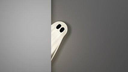 White ghost peeks out from behind wall. Cute ghost peeping Halloween background, place for text, template. 3d render