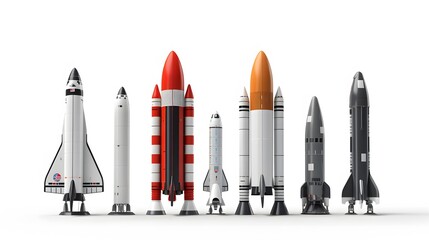 Modern space rocket set Spaceships launch futuristic shuttle on a white background 