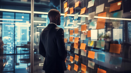 Business man looking and brainstorming with ideas on glass board and sticky note - obrazy, fototapety, plakaty