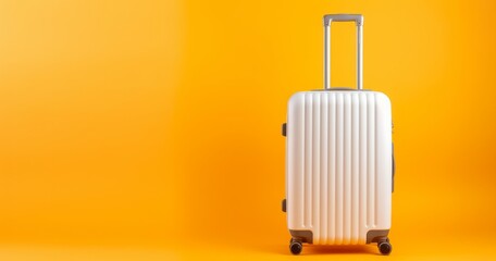 White Wheeled Luggage on Sunny Yellow Background with Copy Space