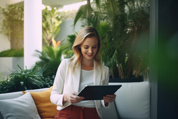 Women in Business: Smiling Young Businesswoman Using a Digital Tablet at Home