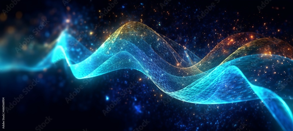 Aufkleber Wave of glowing abstract particles. Technology digital virtual space concept. Generative AI technology.