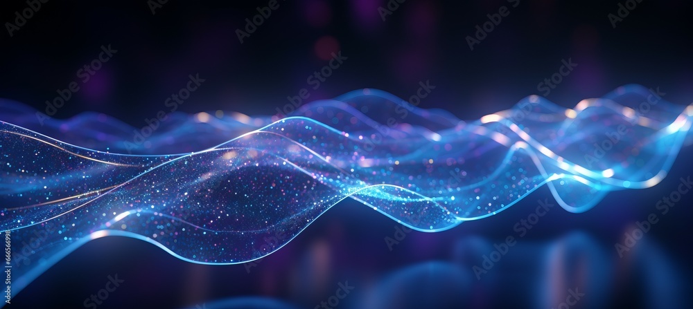 Fototapete Glowing data particles wave flow technology background. Digital virtual space concept. Generative AI technology.