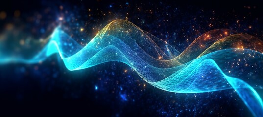 Fototapeta premium Wave of glowing abstract particles. Technology digital virtual space concept. Generative AI technology.
