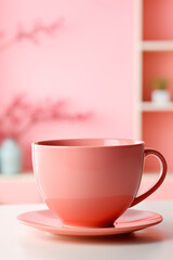 minimalist pink background with a Tea cup, cappuccino, coffee , top view with empty copy space