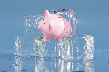 Pink piggy bank partially in an ice cube on blue background. Illustration of the concept of confiscated and impounded illegal assets, frozen assets and economic stagnation - obrazy, fototapety, plakaty