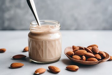 Almond cream in the jar with almond nuts. Ai Generative
