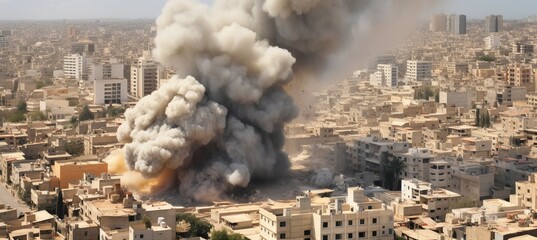 Air bombing on building area at war conflict. Generative AI technology.	
