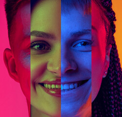 Human face made of portraits of different people, of diverse age, gender and nationality in neon...
