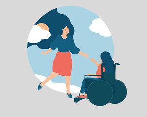 Woman helps a person with limited mobility to overcome mental health disorders. Friend or social worker supports a girl in the wheelchair to get rid of depression. Concept of new life, rehabilitation.