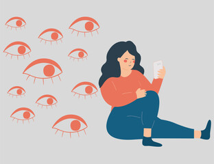 Woman being watched online by people. Spywares softwares on mobiles. Spy apps through smartphones. Big eyes peek at a screen phone of a girl. Spying on private life on internet by cyber criminals.