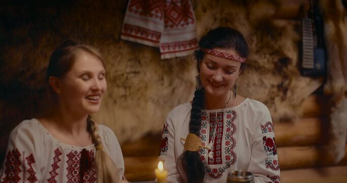 portrait of matchmaker and fiancee in ancient historical suits, two woman in bride show, 4K, Prores