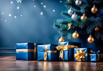 wrapped blue christmas gift parcels under a tree decorated with matching baubles