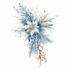 Watercolor Christmas tree branch with a garland of shimmering snowflakes on white. AI generated