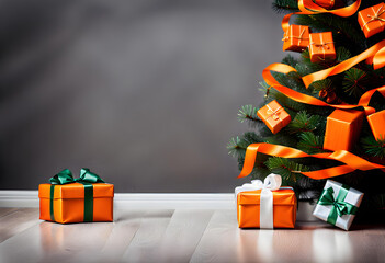 wrapped orange christmas gift parcels under a tree decorated with matching baubles - obrazy, fototapety, plakaty