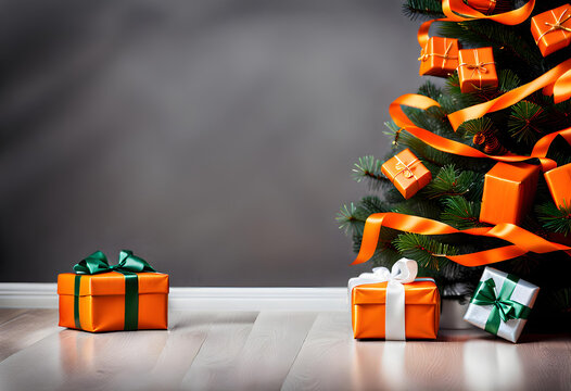 wrapped orange christmas gift parcels under a tree decorated with matching baubles