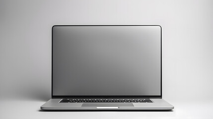 Laptop computer with blank screen on desk in modern home or office interior mock up