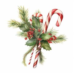 Festive watercolor Christmas tree branch with a garland of candy canes on white. AI generated