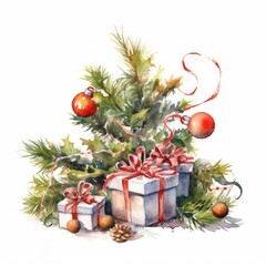 Fototapeta na wymiar Watercolor Christmas tree branch with a garland of miniature wrapped gifts on white. AI generated