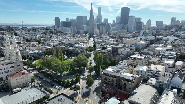 Downtown Street At San Francisco In California United States. Downtown City Skyline. Transportation Scenery. Downtown Street At San Francisco In California United States. 