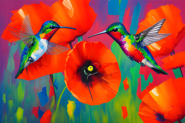 Oil painting hummingbird colorful background. oil painting artwork	
